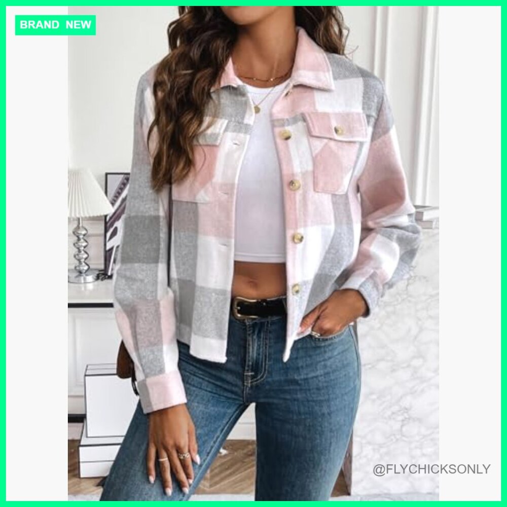 Flannel Cropped Shacket Jacket Plaid Button Down … - image 3